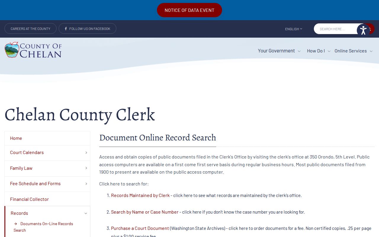 Chelan County case search courthouse public terminal instructions