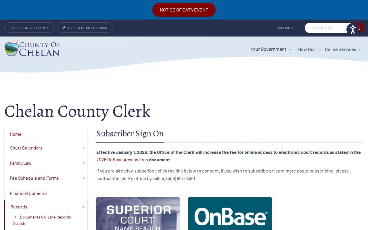 Chelan County court calendar and OnBase access notice