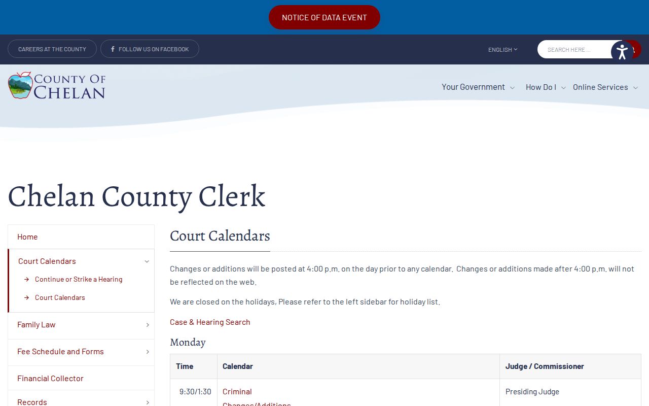 Chelan County court calendar and prior-day posting notice
