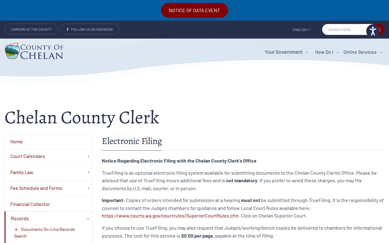 Chelan County court calendar TrueFiling distinction