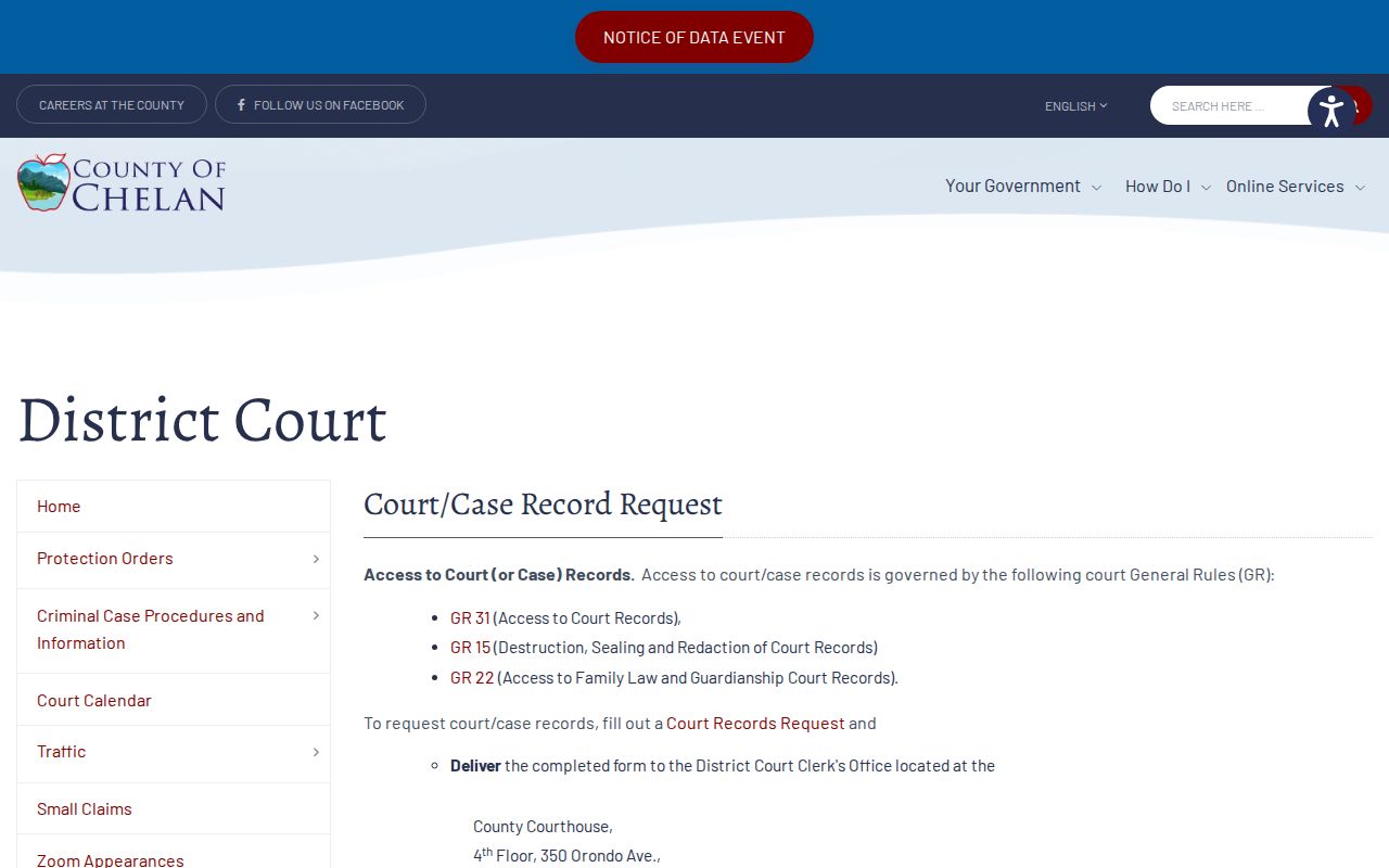 Chelan County court records District Court request instructions