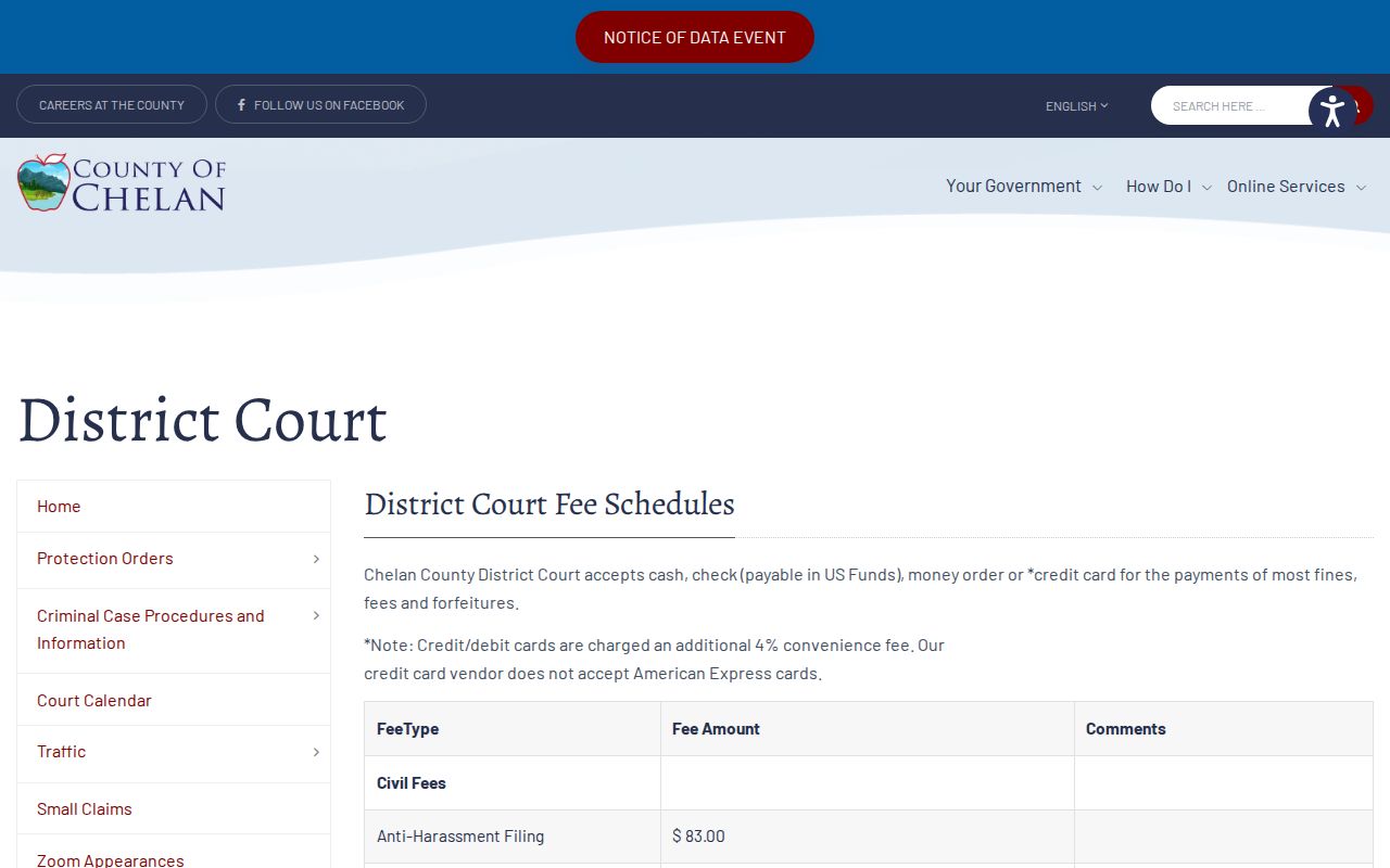 Chelan County civil docket District Court copy and certification fees
