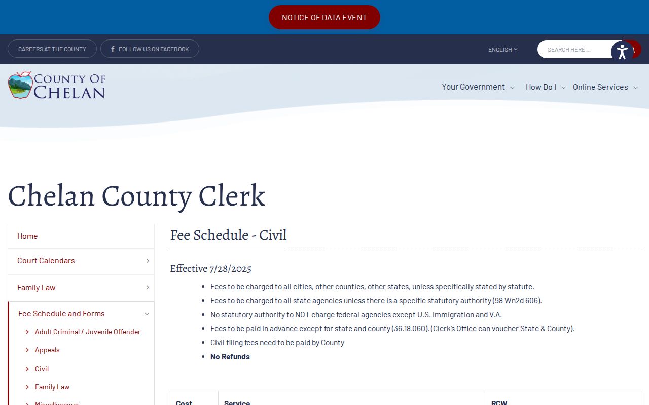 Chelan County civil docket Superior Court Clerk civil fee schedule