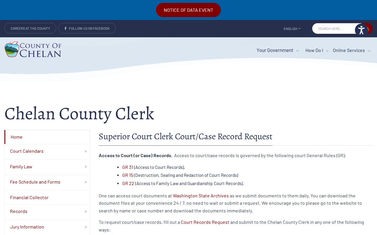 Chelan County civil docket Superior Court Clerk record request page