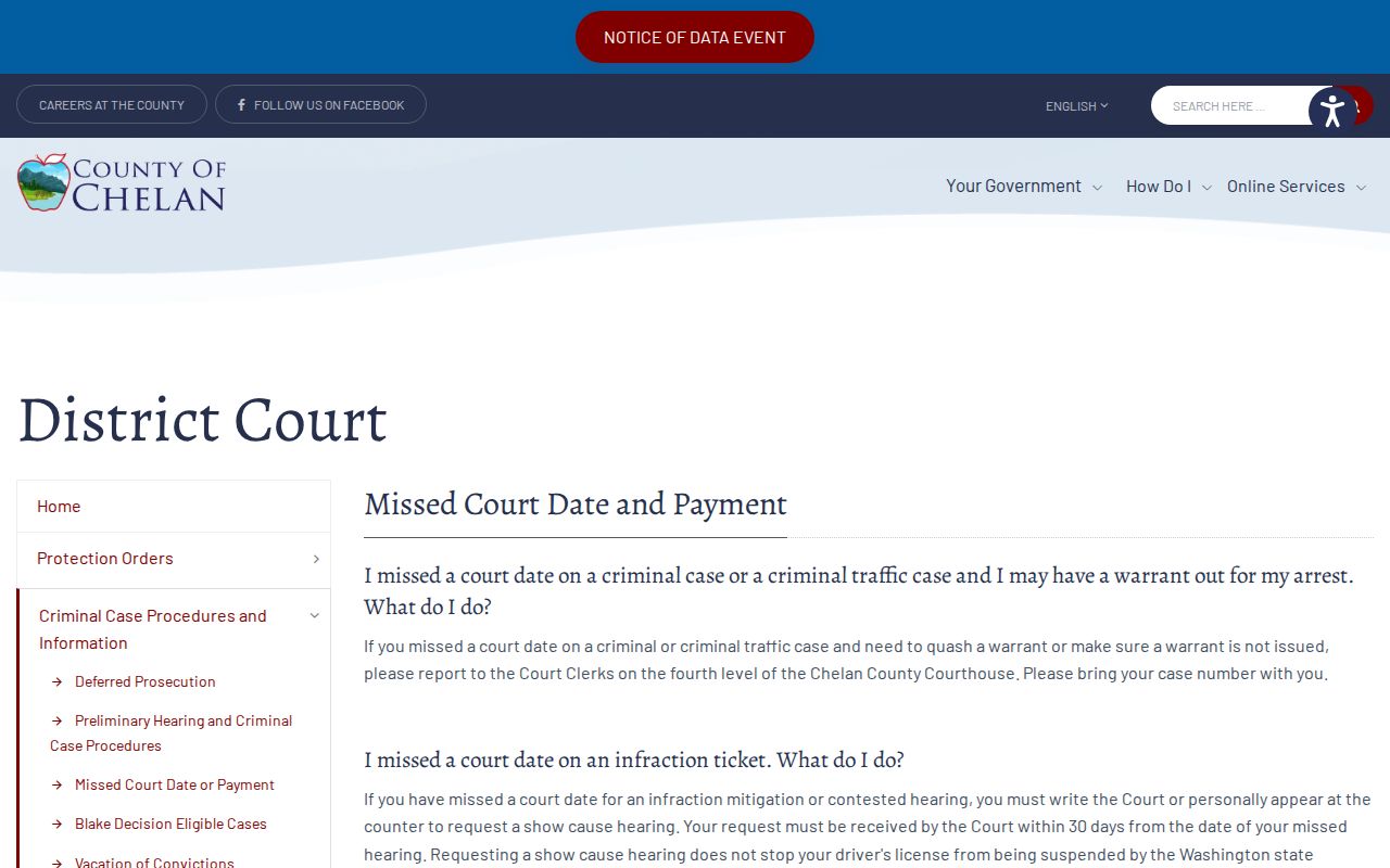 Chelan County missed court date instructions