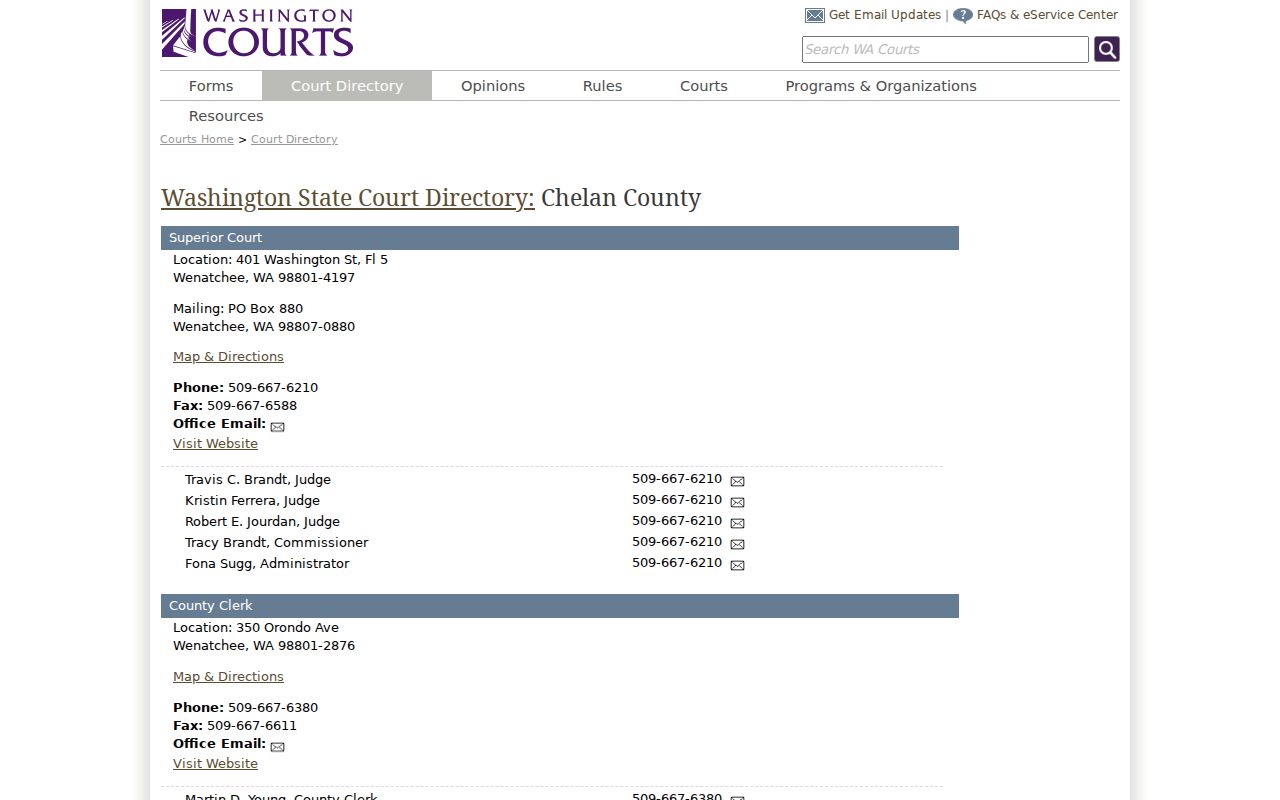 Official court directory routing Cashmere matters to Chelan County District Court