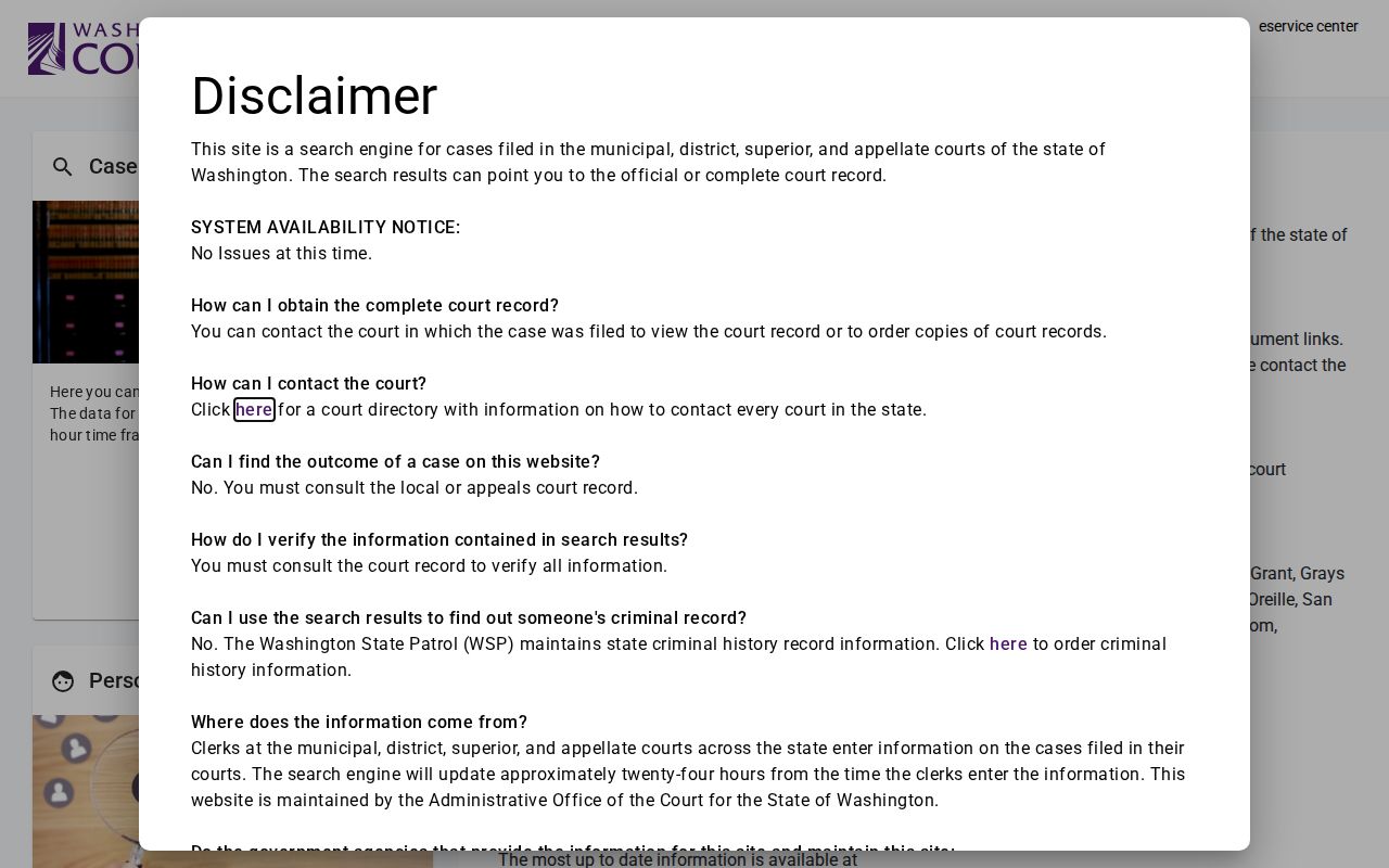 Chelan County court docket statewide search landing page